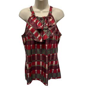 Banana Republic Womens Red Tan Plaid Ruffle Halter Top Size M Career